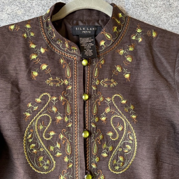 Silk Land Petite Brown Embroidered Mandarin Collar Boho Festival Jacket Size S - Picture 6 of 16